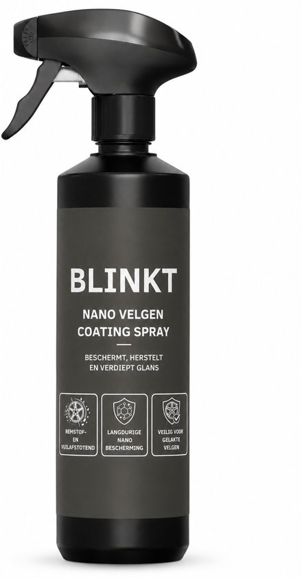 Een fles BLINKT NANO VELGEN COATING SPRAY met een spuitkop, op een witte achtergrond.