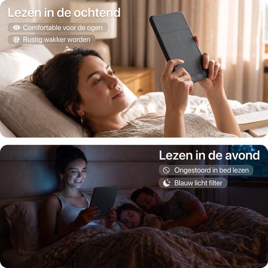 Boven: Vrouw leest 's ochtends e-reader in bed. Beneden: Gezin leest 's avonds e-reader.