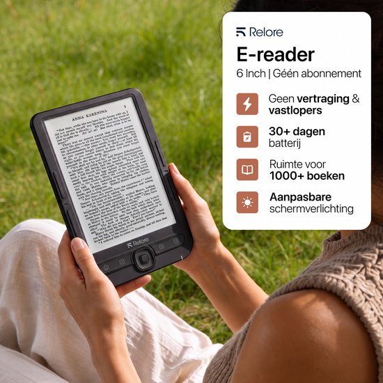 Vrouw houdt zwarte Relore e-reader vast, met tekst 'E-reader 6 inch | Geen abonnement'.