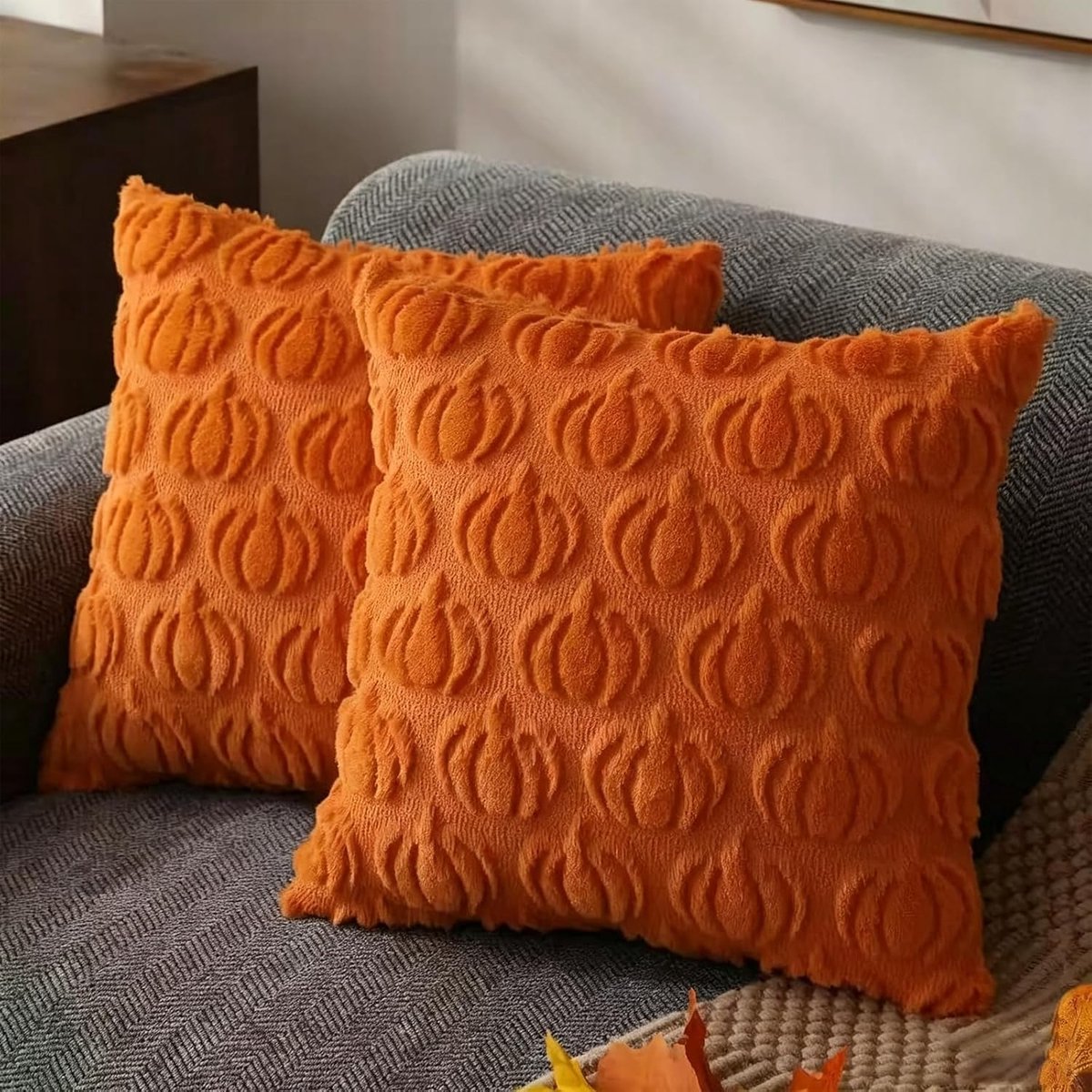 2 Oranje Herfst Pompoen Patroon Sierkussenslopen - 45x45cm - Opvouwbaar - Wasbaar - Perfect voor Halloween en herfstdecoratie - Geschikt voor veranda, bank, fauteuil, bed en woonkamer