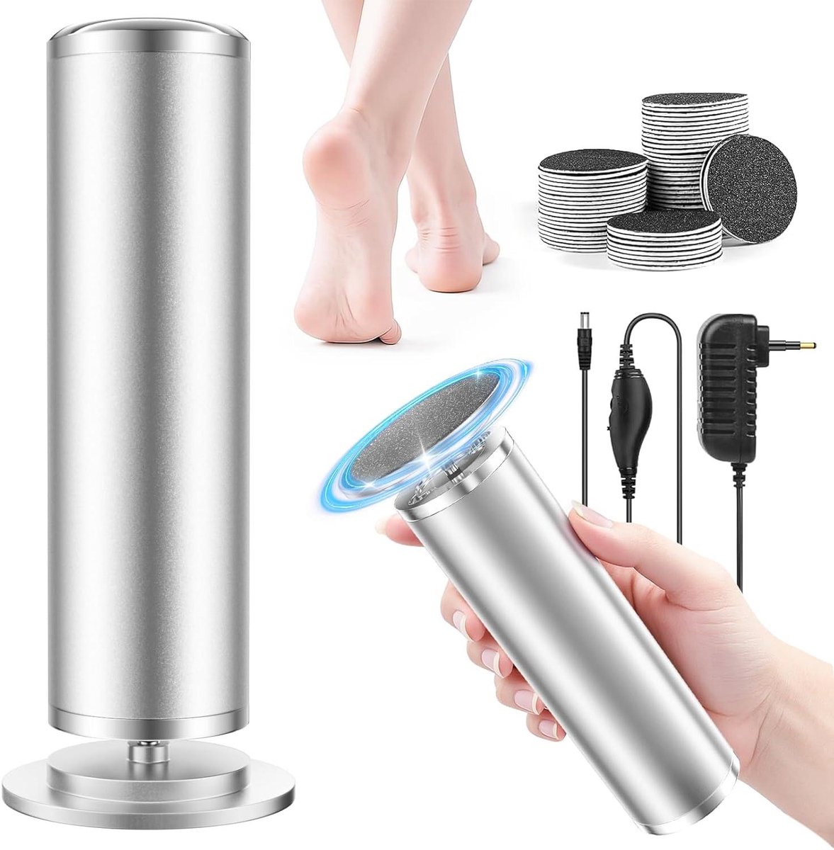 Elektrische Eeltverwijderaar - Voetvijl Pedicure Set - Voeten Verzorgen - Traploos Instelbare Snelheid - 60 Stuks Schuurpapier - Aluminium