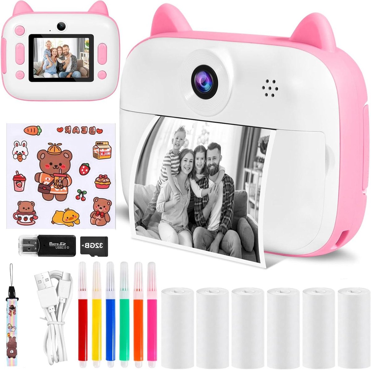 Kinder Camera - Direct Print Camera - Creatief Fotograferen - Direct Zwart-Wit Printen - 32GB Geheugenkaart - Roze
