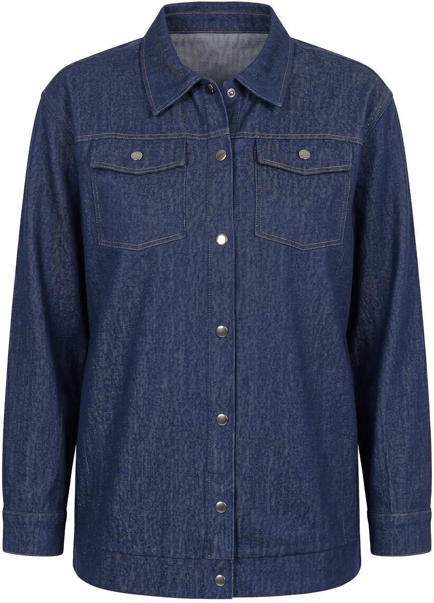 MIAMODA - Dames - Denim jasje loose fit overhemdkraag lange mouwen - Donkerblauw denim - Maat 44