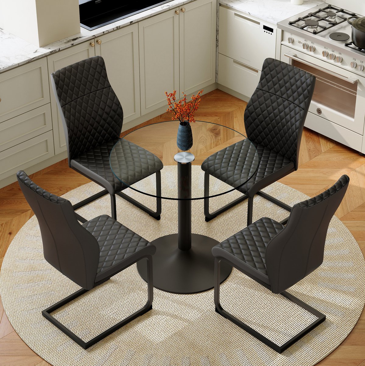 MODFU Ronde Glazen Eettafel - 4 Stoelen - Industrieel - Zwart - Transparant