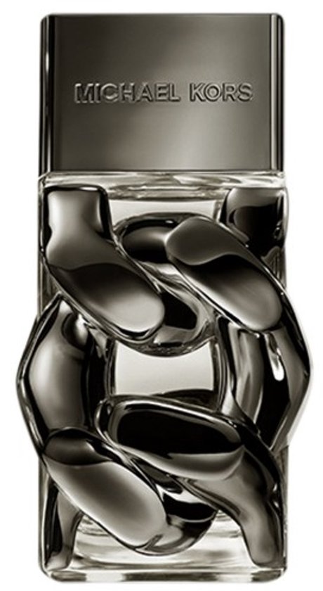 Michael Kors Pour Homme Absolu parfumfles met zilverkleurige kettingdecoratie en 'MICHAEL KORS' op de dop.
