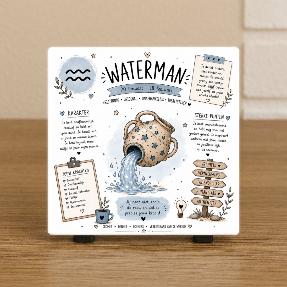 Wenstegeltje "Horoscoop Waterman" – Luxe Cadeautegel met Tekst – Perfect Cadeau voor verjaardagen, vriend(in), collega’s - Trendy nu - Keramiek - Zomaar – Cadeau – Incl standaard - Horoscoop