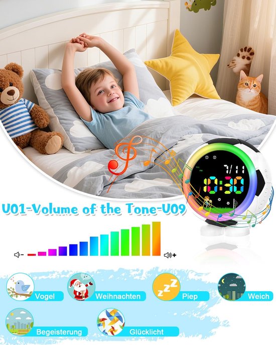 Kinderwekker zonder tikken - Digitale wekker - Kinderkamer inrichten - Met nachtlampje - Kleine ronde vorm - Zwart — afbeelding 5