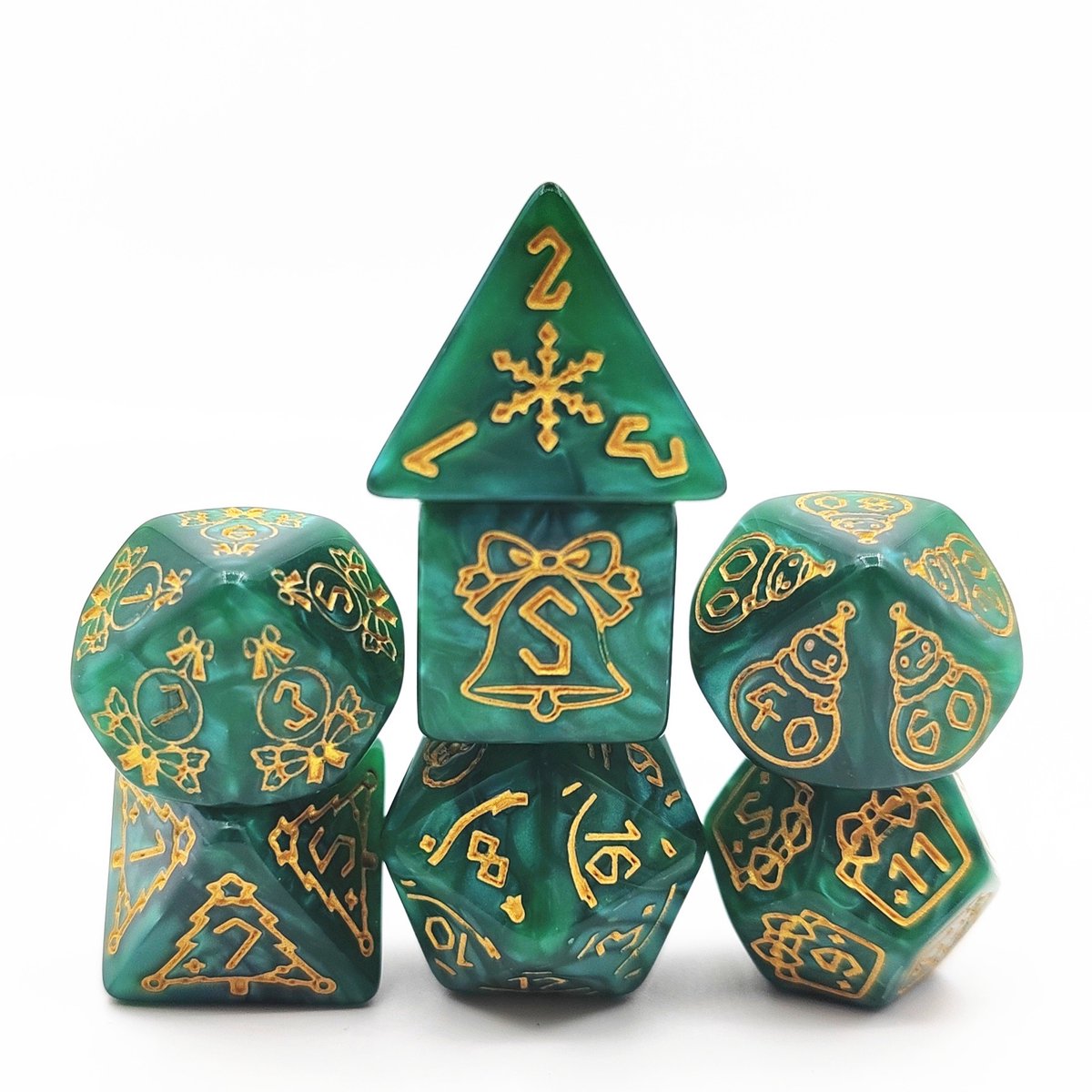 Lapi Toys - Dungeons and Dragons dobbelstenen - D&D dobbelstenen - D&D polydice - 1 set (7 stuks) - Kerst - Met gouden kerstsymbolen - Acryl - Donkergroen - Goud