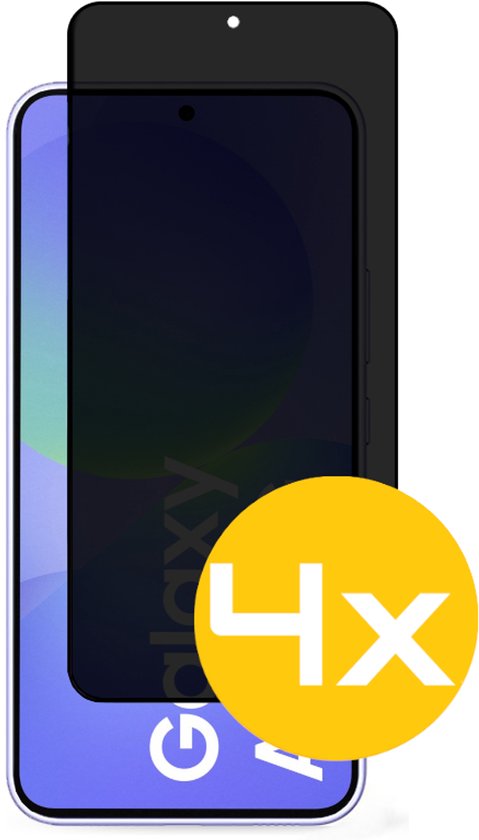 Zwart privacy gehard glas screenprotector op paars uitziende smartphone, met gele cirkel met '4X' erop.