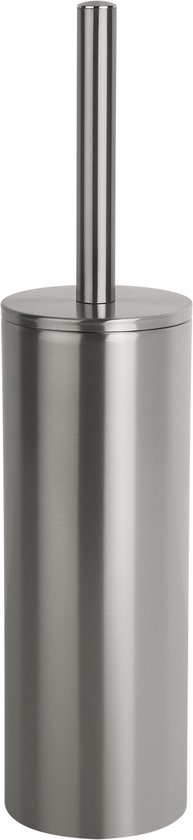Zilverkleurige toiletborstelhouder van metaal met binnenbak. De houder is cilindervormig met een deksel en een metalen borstel.