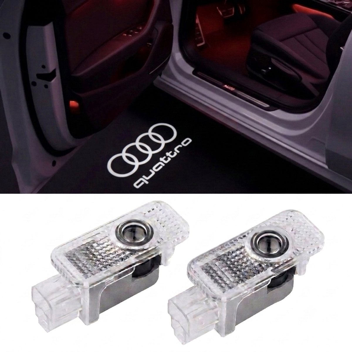 Instapverlichting Geschikt voor Audi – 4 Ringen & Quattro Logo – LED Deurverlichting – Set van 2 – Plug & Play