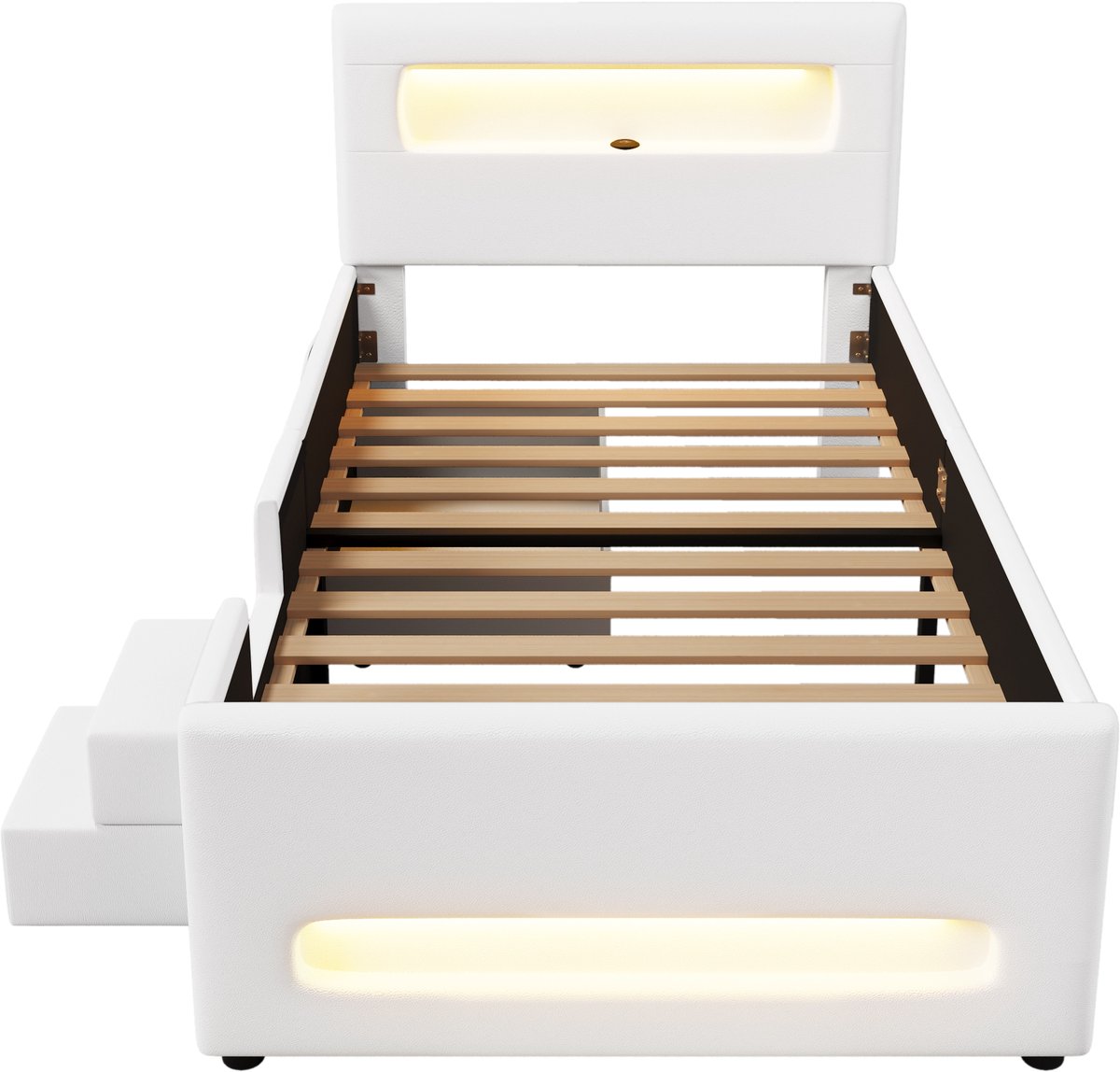 Merax Gestofferd bed 90 x 200 cm met trap - lade - LED-verlichting en opbergzak - wit