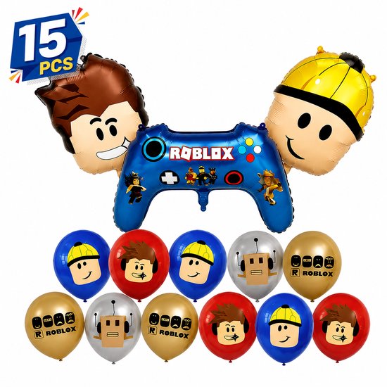 15 Roblox ballonnen: 2 bruine haar jongens, 1 blauwe controller, 1 gele hoed jongen, 2 rode karakters, 2 blauwe karakters, 2 gouden robots, 2 zilveren robots en 4 latex ballonnen.