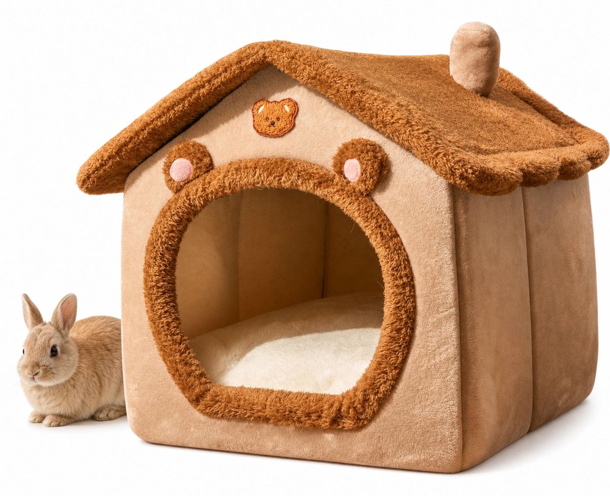 VHV - Kattenhuis maat S - Warm opvouwbaar kattenbed 30 x 28 x 27 cm met wasbare mat - bruin