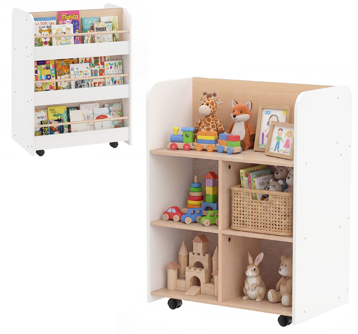 COSTWAY Boekenkast Kinderen dubbelzijdig, Kinderrek met 8 vakken, Opbergruimte & wieltjes, Kinderboekenkast van hout, Opbergrek voor kinderkamer, 62,5 x 40 x 83 cm