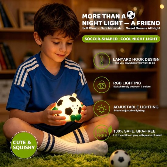 Ryoudavell - Voetbal Siliconen Nachtlampje - Mini LED Kinderlamp met Tikbediening - 7 Kleuren & 3 Helderheidsniveaus - Met Afneembaar Draagkoord - BPA-vrij - Voor Kinderkamer, Slaapkamer & Cadeau van ryoudavell — afbeelding 2