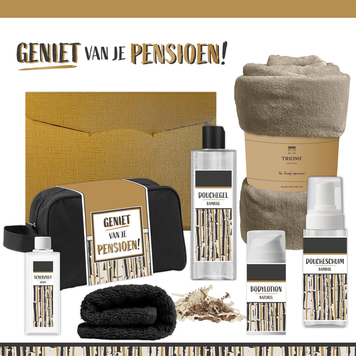 Geschenkset “Geniet van je pensioen!” - 7 producten - 1390 gram | Giftset voor hem Vader Papa Cadeau Luxe Wellness Pakket Man Speciaal Cadeaupakket Doos Handdoeken Fleecedeken Geschenk Cadeaudoos Verjaardag Vaderdag Gift Set Douche Taupe Goud