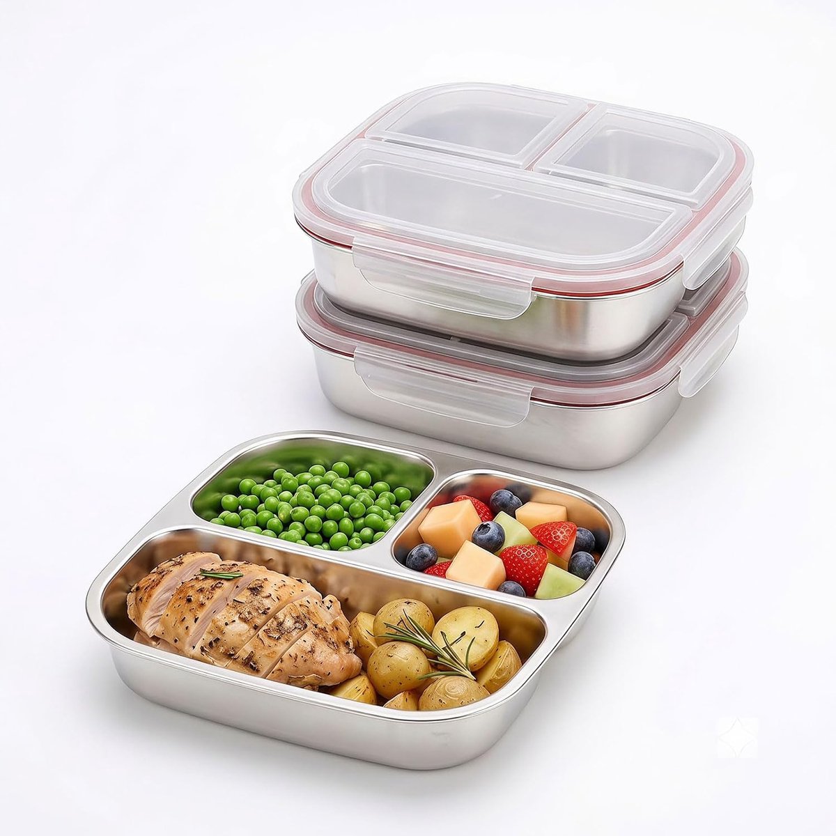 KZQ 2-delige roestvrijstalen snackboxset - Met tussenschotten - Bentobox - Lunchbox - 600 ml - Lekvrij met deksel - Geschikt voor werk en kamperen - 3 compartimenten - Wit