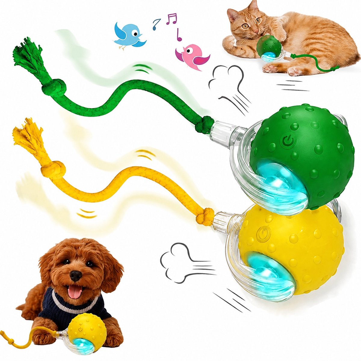 ZVD Interactief huisdierspeelgoed - Kattenspeelgoed - Met vogelgeluiden en een touwtje - Interactieve speelbal voor katten en honden - Slim automatisch rollen 360° - Elektrische speelbal voor katten en honden - Groen + Geel