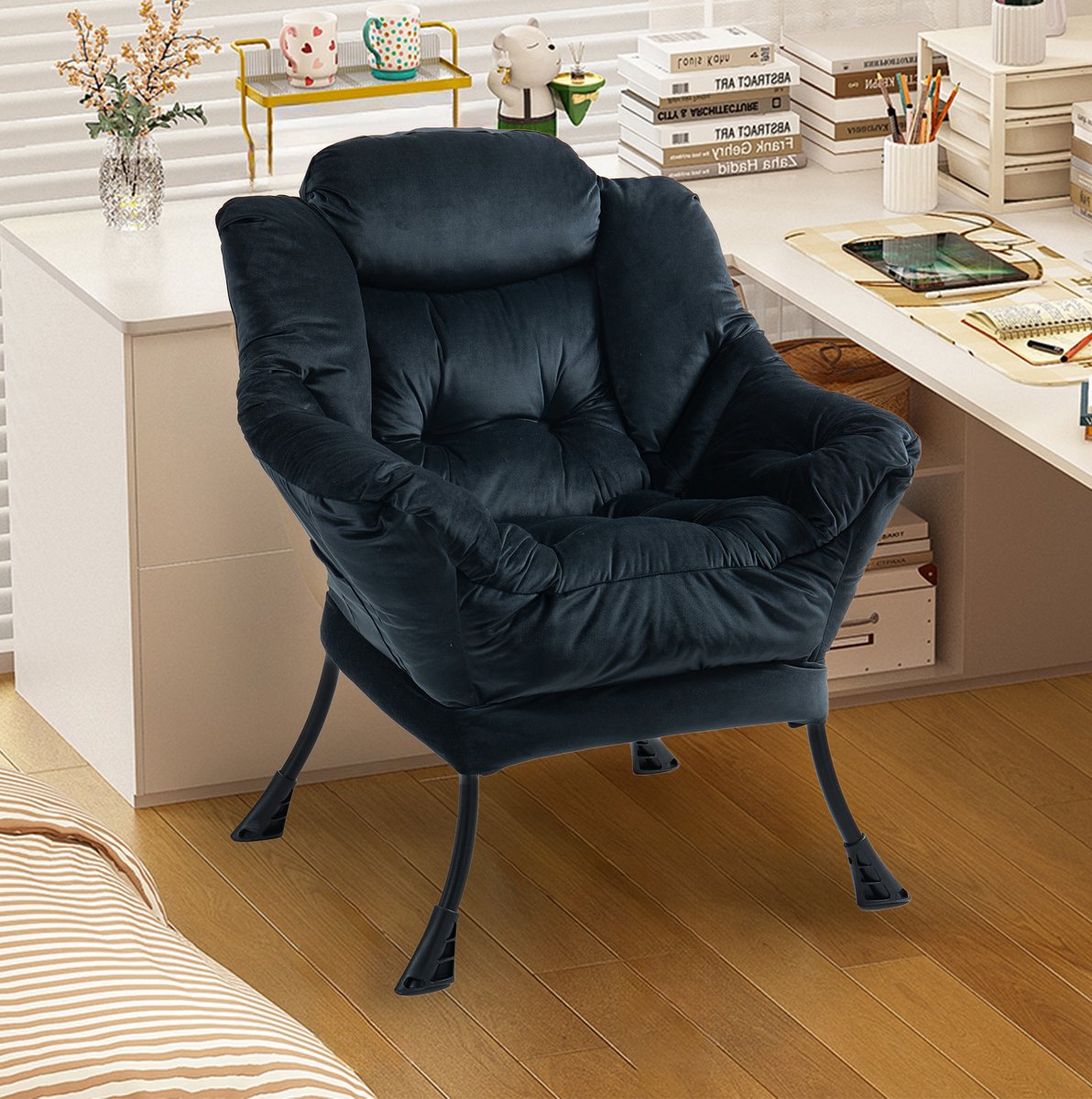 REDOM - Fauteuil - Hoge rugleuning met armleuningen - Metalen frame - Zijkzak - Scandinavisch & Basic - Woonkamer, balkon, tuin of terras - Velvet - Zwart - 81 x 65 x 95 cm