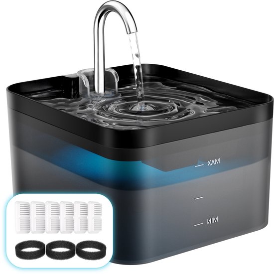 PawPoll® Drinkfontein - Waterfontein - 2.2L - Waterfontein voor Katten en Honden - Dieren Drinkbak - Incl.6 Filter - Fluisterstil - Waterdispenser Kat - Transparant Zwart