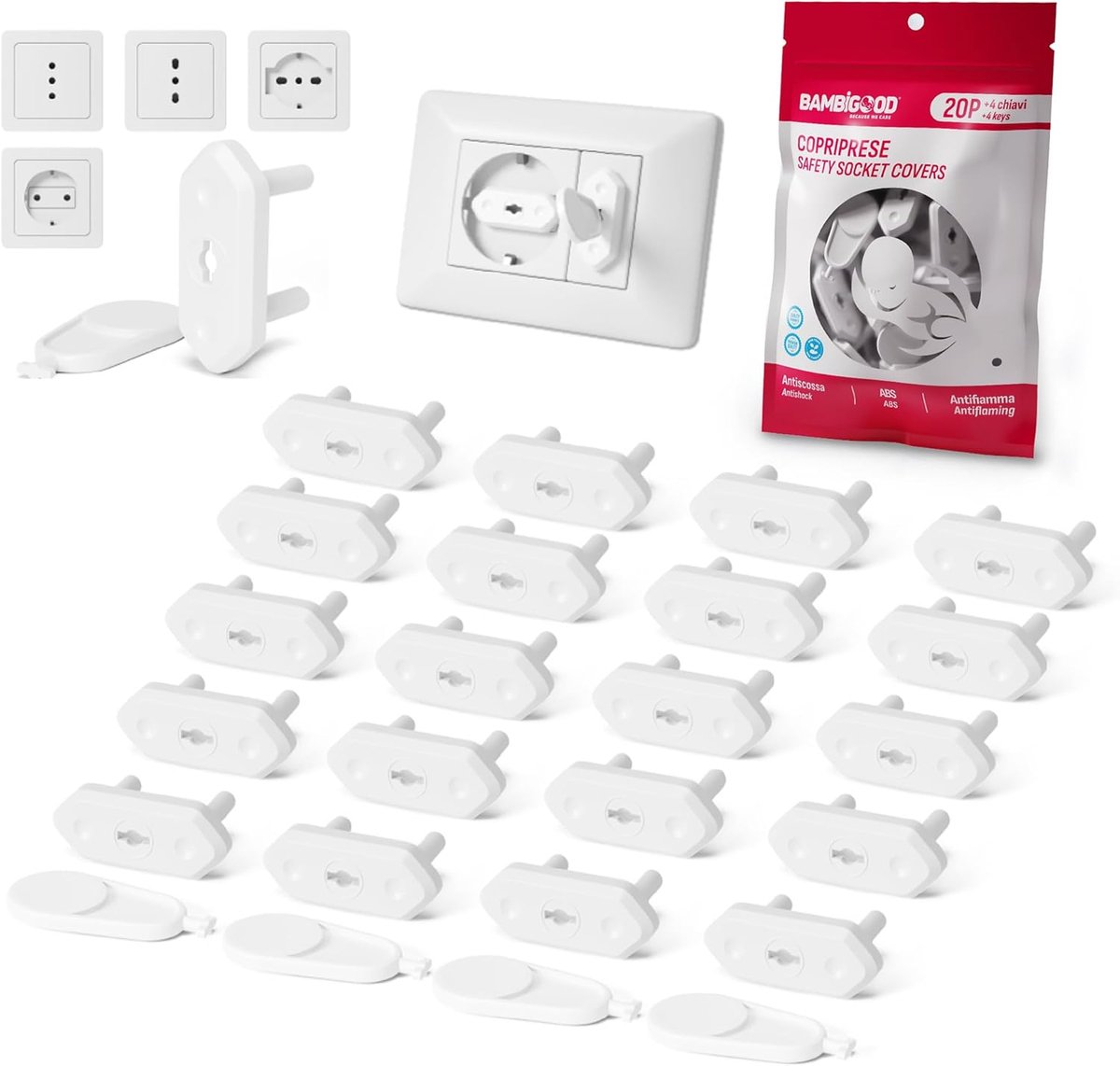 SnelShoppen - Set van 20 + 4 Kindveilige Stopcontactzekeringen voor Thuis, Plugbescherming 16A en 10A, Universele Stopcontactafdekking, Aarde Plug, Ki