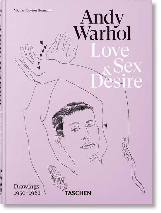 Boek 'Andy Warhol Love & Sex Desire', tekeningen 1950-1962. Lila omslag met zwart-witte lijntekening van twee mannen met hartjes.