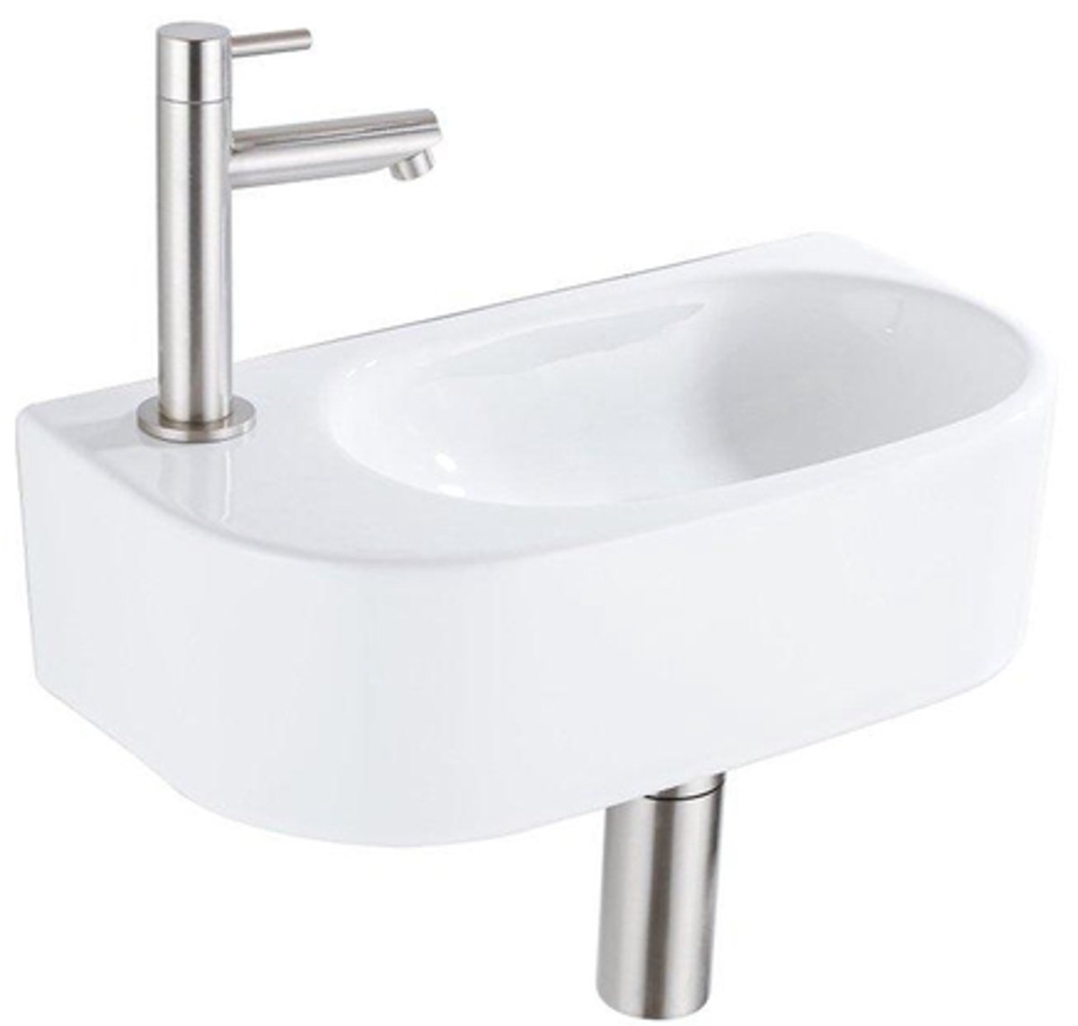 Fugaflow Efficiente Pietra Fonteinset - 40x21.5x12cm - links - glad - halfrond - 1 kraangat - keramiek - fonteinkraan geborsteld rvs - afvoerplug - verlaagd sifon - wit glans