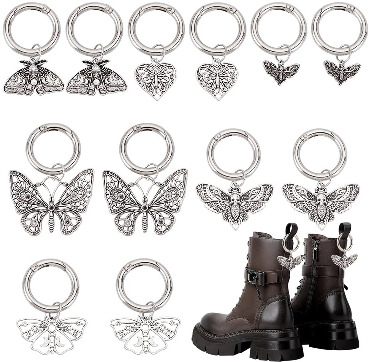 PandaHall 12 stuks 6 stijlen gothic punk bedels voor schoenen, 13 ~ 37 mm vlinder hart schoenen bedels laarzen hangers met veer voor Halloween sneakers sandalen platina