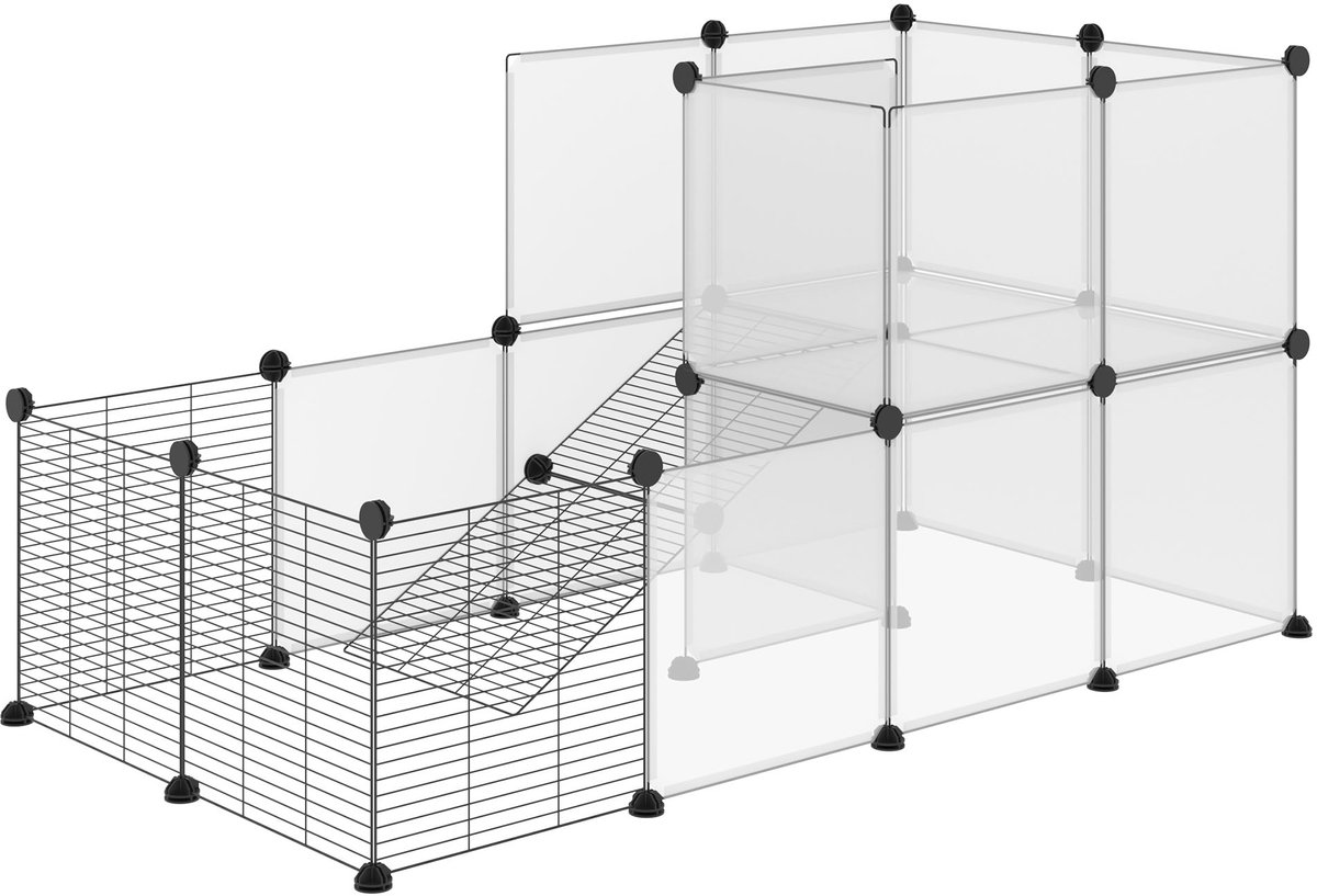Kleindierenverblijf, DIY een modulaire kooi ontwerpen, 27 platen (35x35cm/plaat) | 27 platen 35 x 35 cm, van PP-platen en Materiaal van het staaldraadgaas, individuele opbouw, hok voor kleine dieren, uitloop voor konijnen, cavia's, Zwart