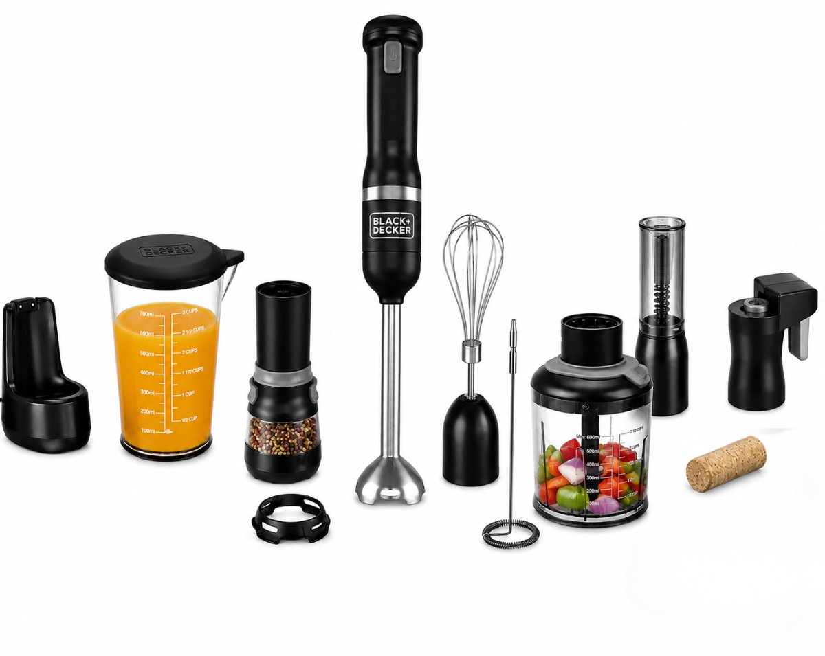 BLACK+DECKER KitchenWand™ 6 in 1 Draadloze Staafmixer – Mengkom 0,7L – Hakmolen - Wijnfles Opener - Zout en Pepermolen - Blikopener - Melkopschuimer - Garde - Zwart