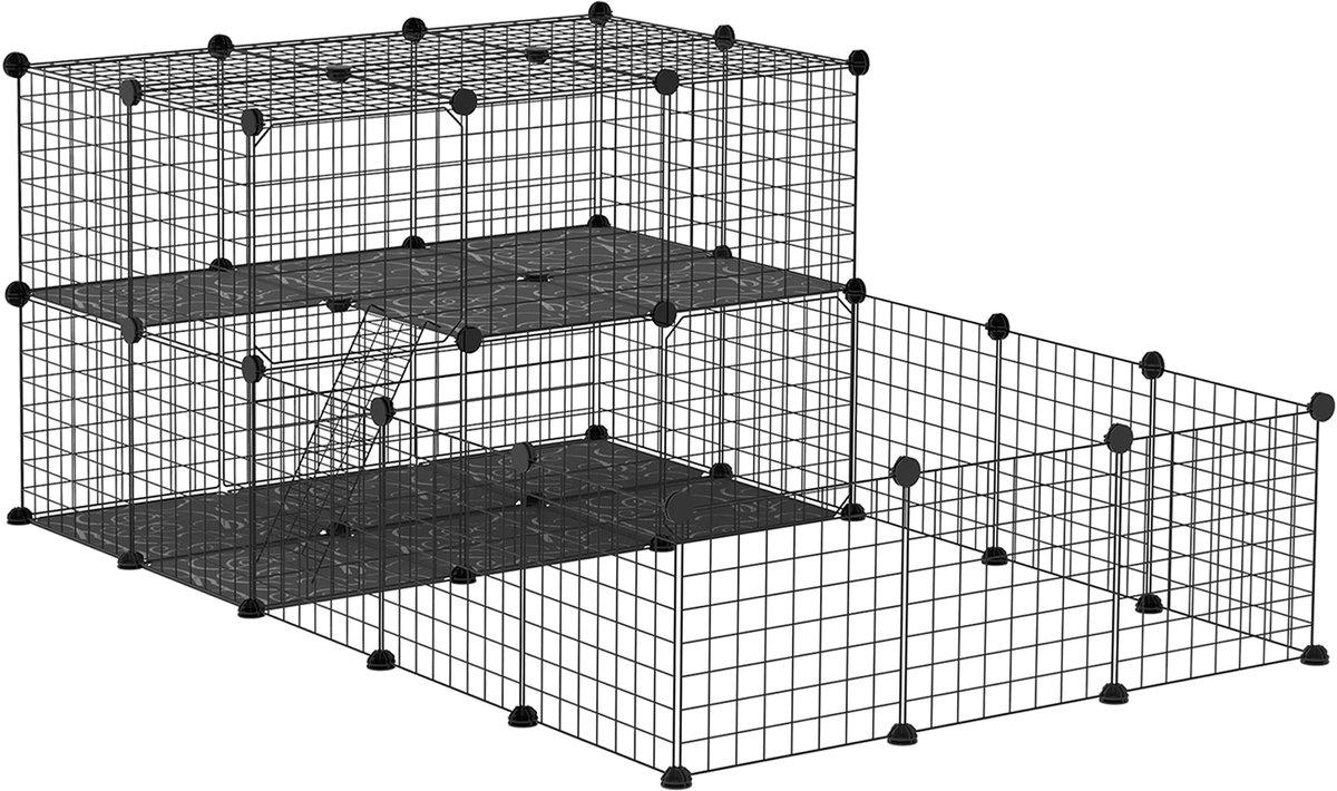 Kleine Dierenren Puppy Speelbox Doe-het-zelf Modulaire Huisdieromheining 45 Panelen Zwart | Oren voor kleine dieren, hamsters, cavia's, roosterpanelen, 45 panelen, 175 x 105 x 70 cm