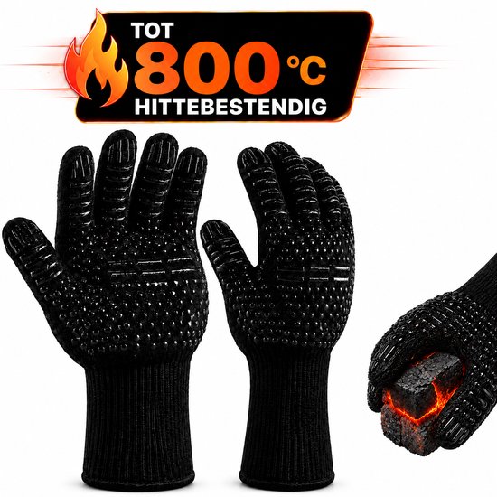Gants de barbecue noirs résistants à la chaleur en silicone et coton, avec des picots pour une meilleure adhérence. Jusqu'à 800°C.