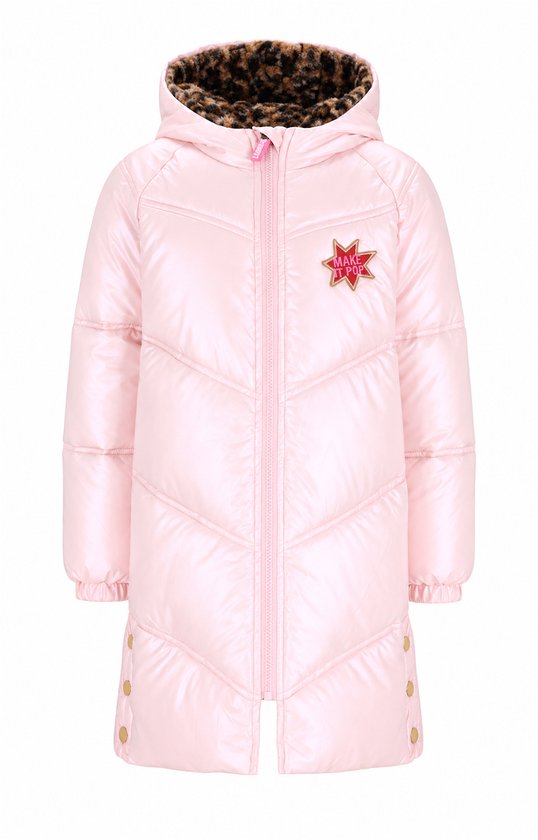 Roze gewatteerde meisjesjas met capuchon, luipaardvoering en 'MAKE IT POP' ster-embleem op de borst.