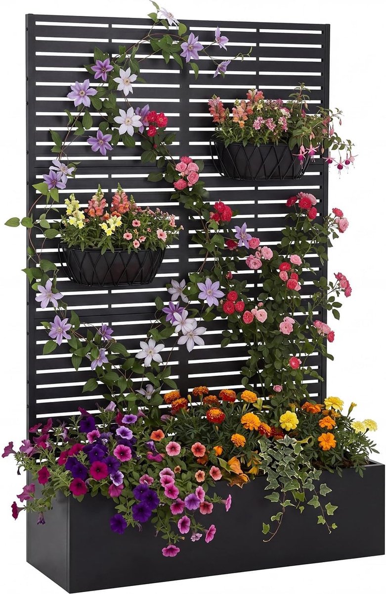 Verhoogde plantenbak van metaal met latwerk – Tuinbak voor alle weersomstandigheden - Decoratief zichtscherm - 180 × 112 × 40 cm - Zwart