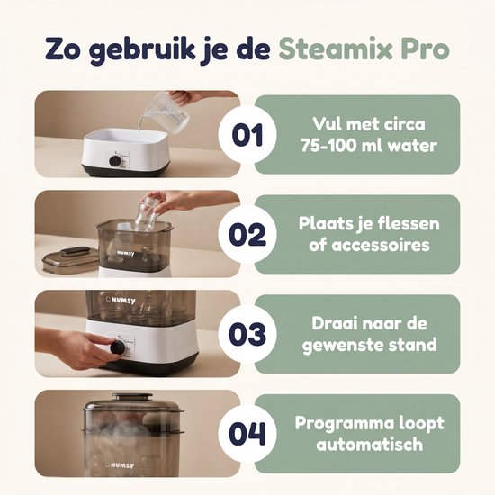 Numsy Steamix Pro Sterilisator en Droger - Flessterilisator - 4-in-1 - Tot 8 Flessen - 48u Opslag - Babyfles Sterilisator - Wit/Groen van Numsy — afbeelding 4