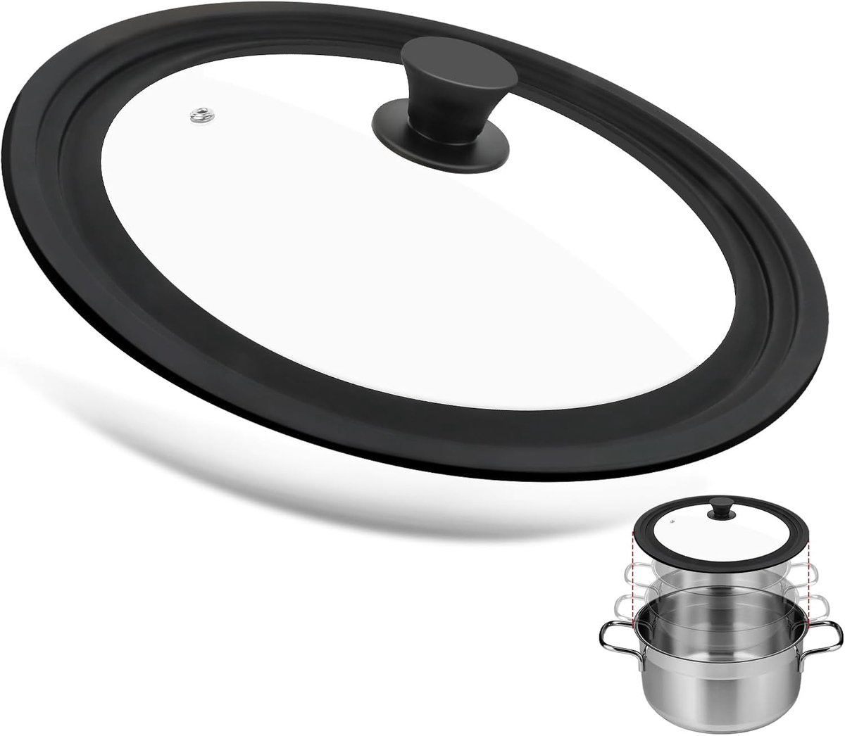 SnelShoppen - Universeel deksel zwart, universeel glazen deksel voor pannen en potten met diameter 28/30/32 cm, hittebestendig glazen deksel met silic