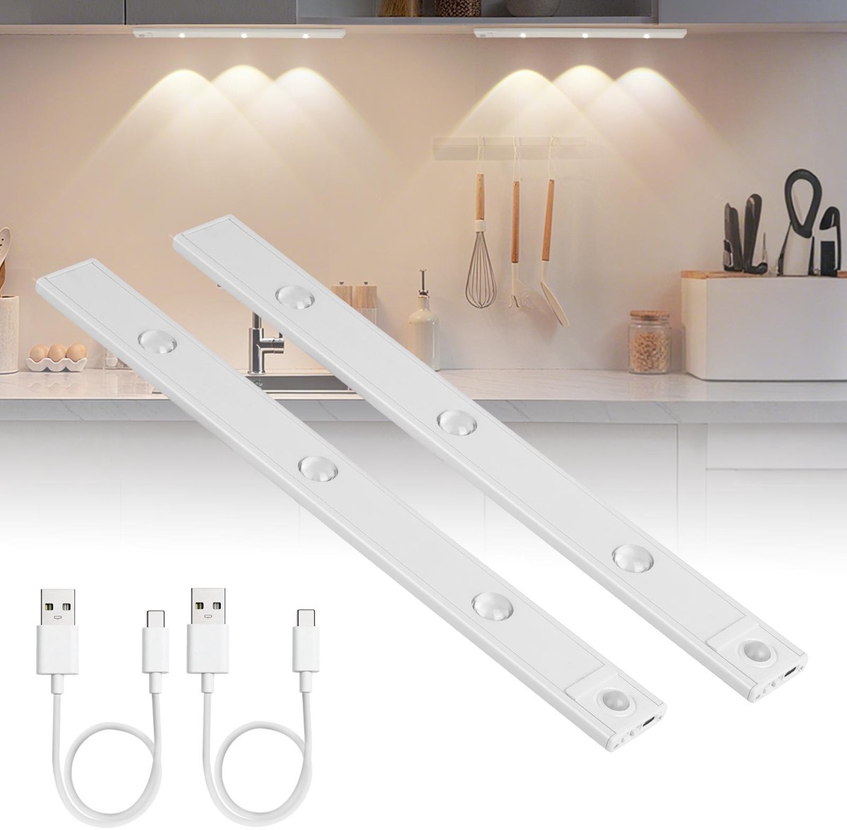 Oraymin 2 Stuks LED Kastverlichting met Bewegingssensor – Dimbaar – 3 Lichtkleuren – USB-C Oplaadbaar