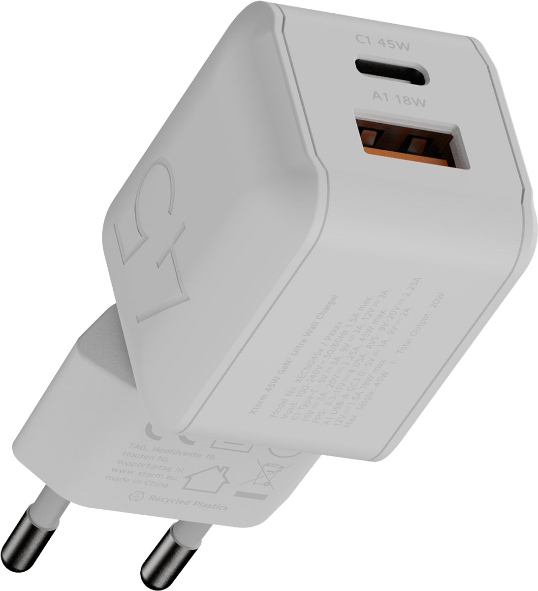 Xtorm USB-C Oplader 45W – USB-C Snellader – Telefoon Oplader – Tablet & iPad Oplader – GaN³ – USB-C & USB-A - Wit