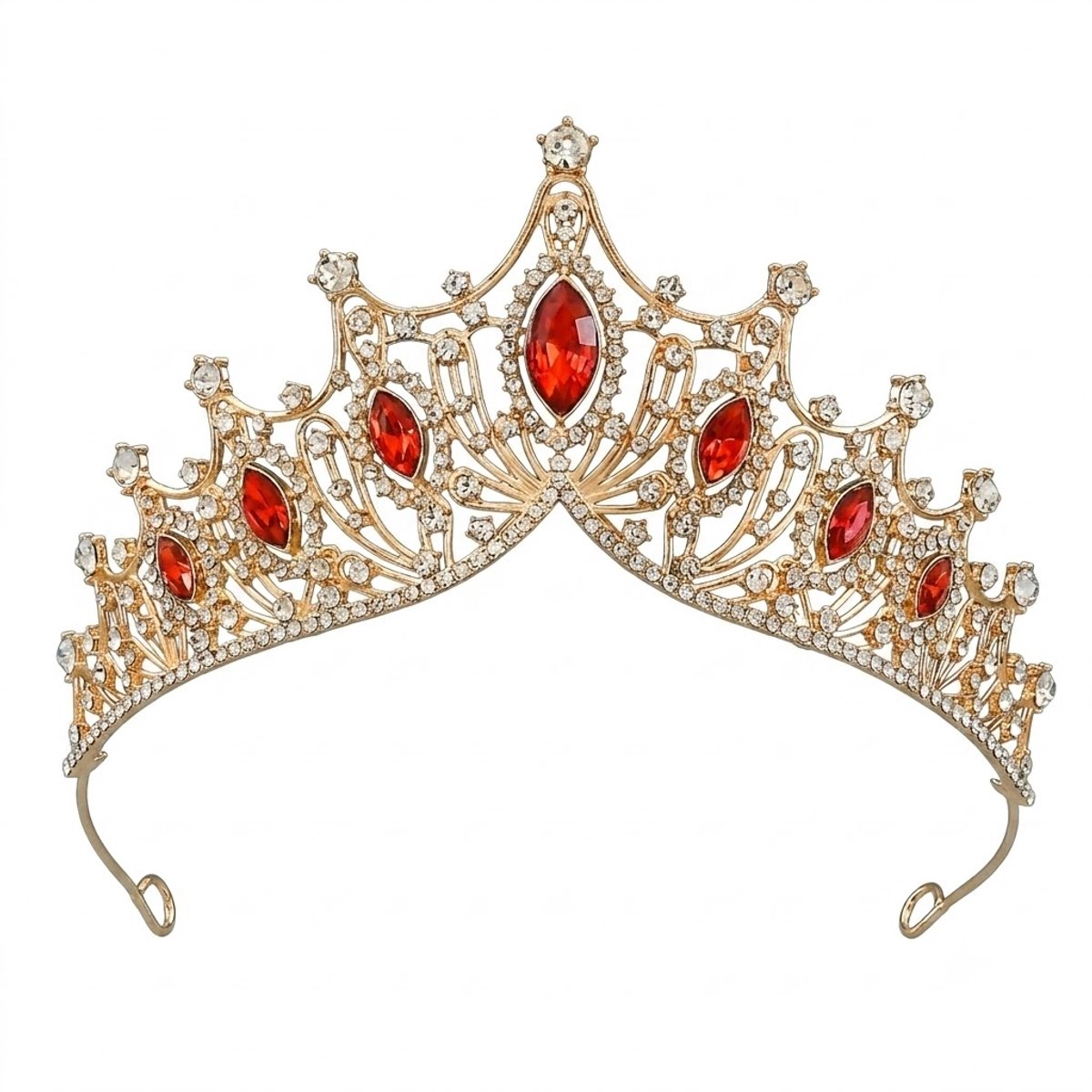 Goudkleurige rode tiara dames met rode marquisevormige sierstenen en opengewerkt kroon ontwerp haar accessoire voor bruiloft gala feest prinsessen look met bloemmotief
