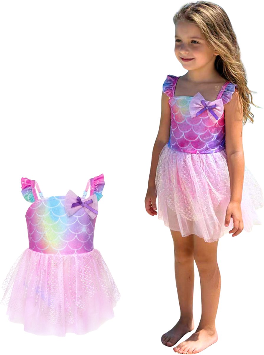 Joya Kids® Zeemeermin Badpak Meisjes met Rokje | Zeemeermin Badpak Jurkje | Kinder Zwemkleding | Zwempak Meisjes | Zeemeermin Zwemjurk | UV Badpak | Roze Pastel Regenboog | Maat 140