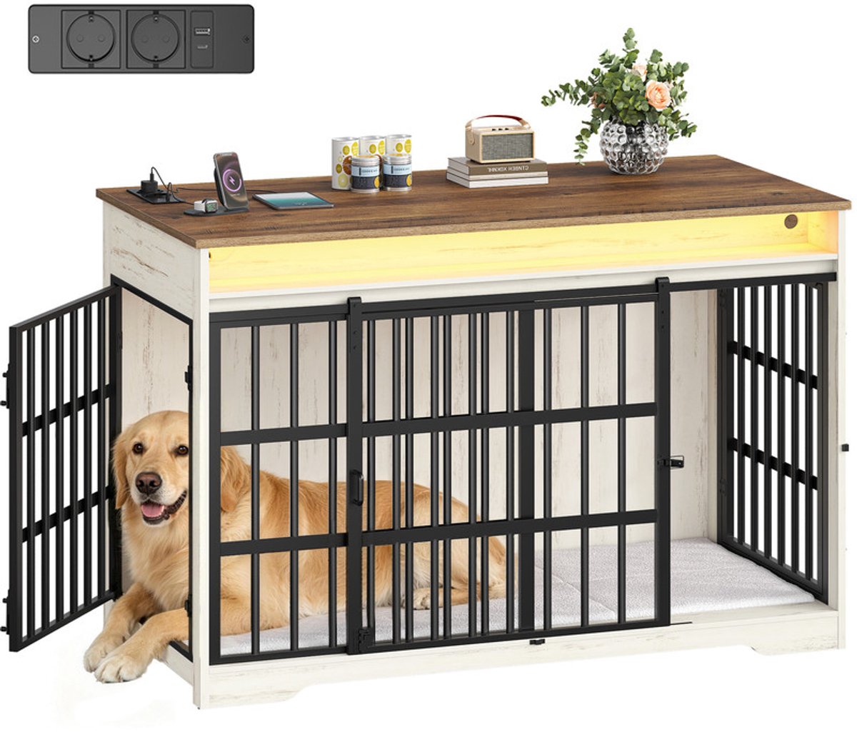 Hzuaneri Hondenbench Meubel met RGB-verlichting & Stekkerdoos, 119 cm Houten Binnenkennel Schuifdeur voor Middelgrote Grote Honden, XXL Moderne Hondenmand, 119 × 70 × 99 cm, Wit Bruin
