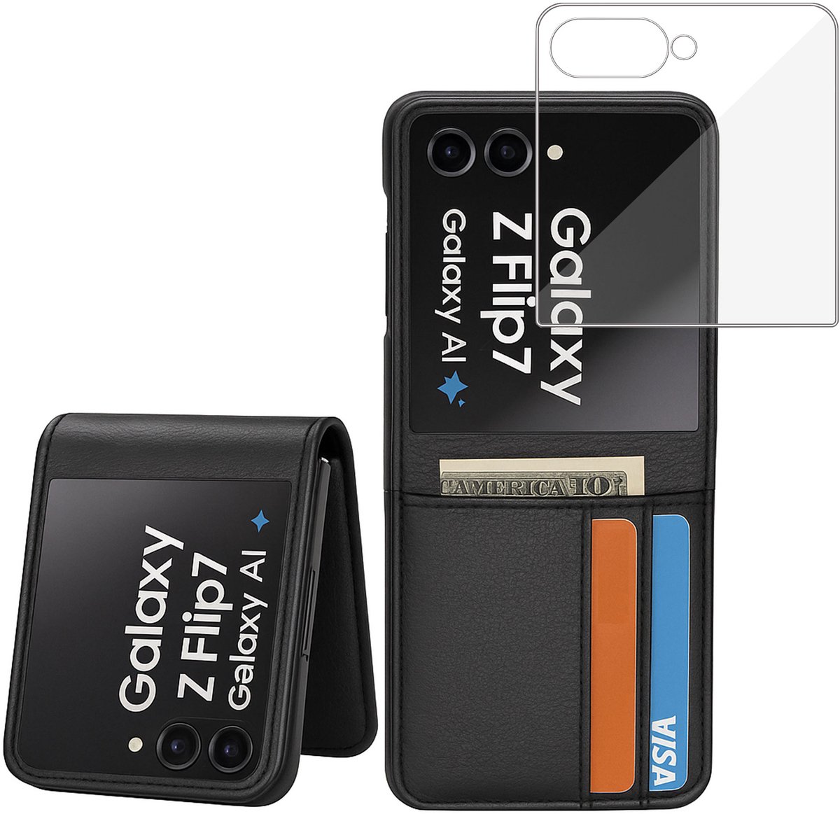 ChiGuard Wallet Case & screenprotector geschikt voor Galaxy Z Flip 8 – Book Case - Portemonnee - Diep Zwartleder