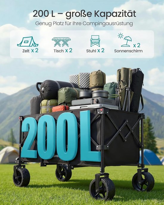 SONGMICS GFW200B101 Opvouwbare handkar, tuintrolley, campingtrolley met handvat, 4 afneembare wielen, voor buiten, tuin, 200 liter, maximaal draagvermogen 150 kg, inktzwart van Songmics — afbeelding 2