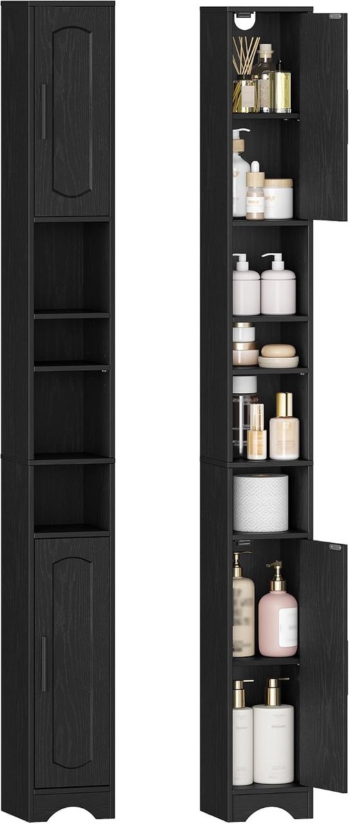 Hzuaneri Smalle Badkamerkast, Zwart Opbergmeubel, met Open Vakken en 2 Deuren, Verstelbare Planken, voor Badkamer, Woonkamer, Slaapkamer, 30 x 30 x 180 cm