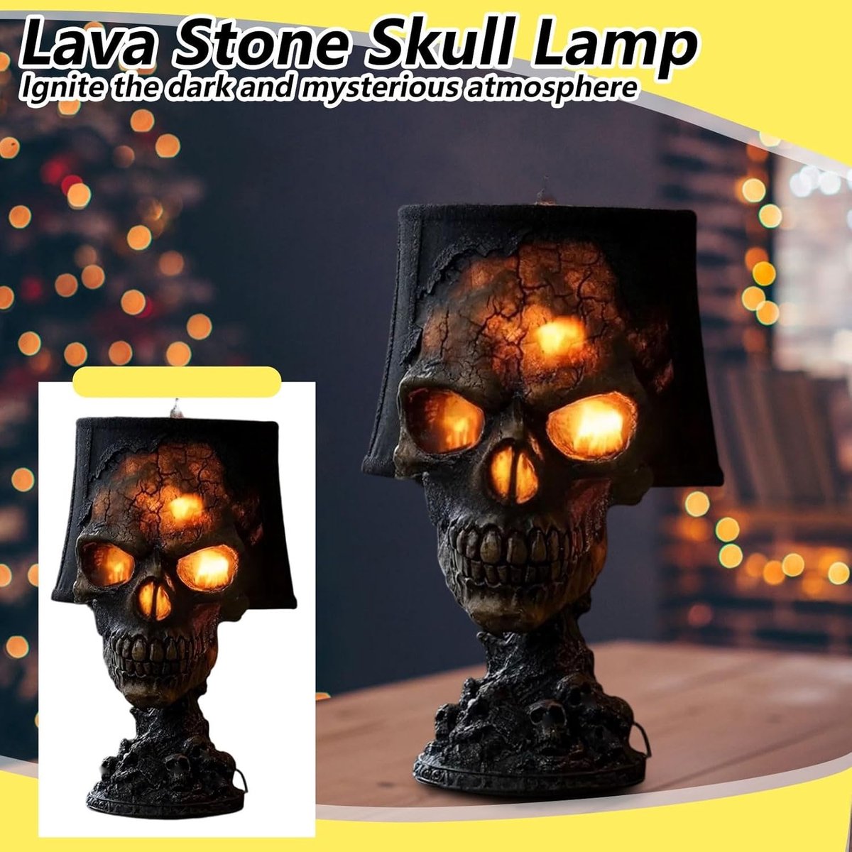 Gotische Lava Steen Schedel Tafellamp - Halloween Horror Decor Nachtlampje - Realistische Gebarsten Lava Schedel met Warme Oogkassen - voor Slaapkamer, Bar, Halloween - 1 Stuk