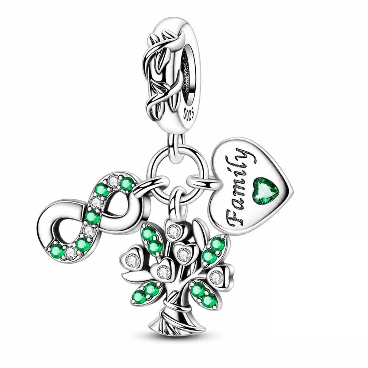 RomyStones Family Tree Bedel – Familieboom en Infinity – 925 Sterling Zilver – Groen – Voor 3 mm Bedelarmband