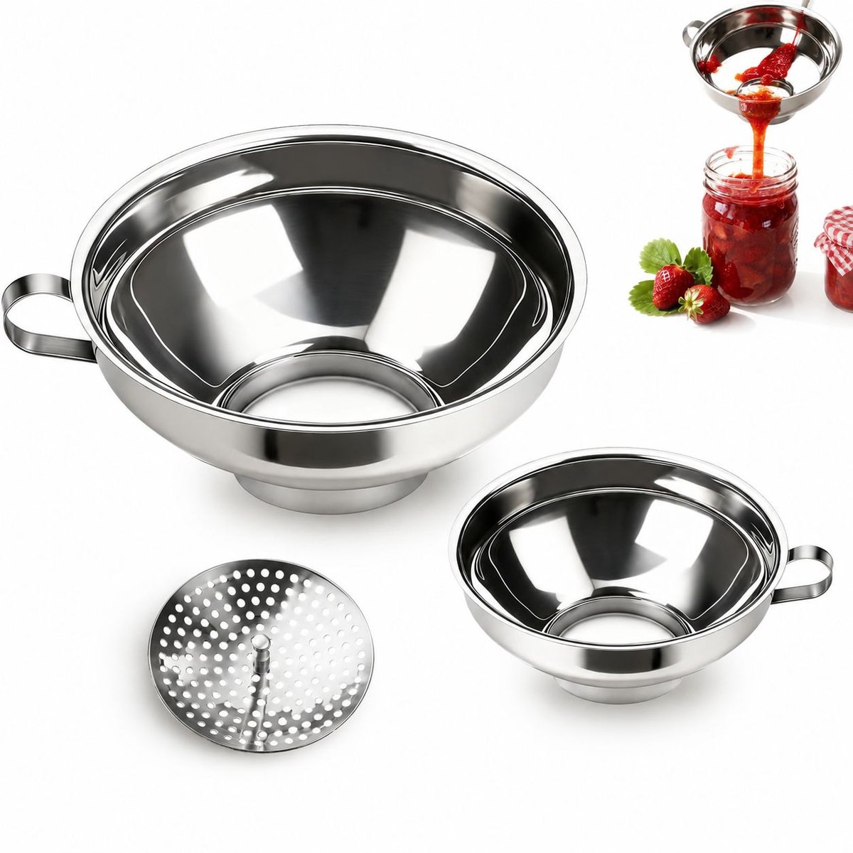 VHV - Inmaaktrechter RVS - Set van 3 brede keukentrechters met zeef voor potten, jam en sauzen