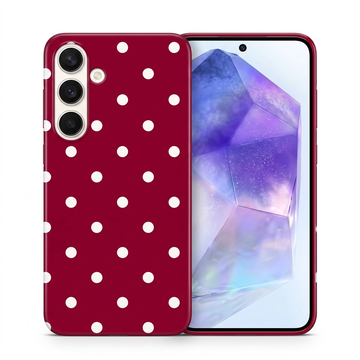 Hoesje geschikt voor Samsung Galaxy A55 – Polka Dots – Exclusief Design – Polycarbonaat – Bordeaux en Wit