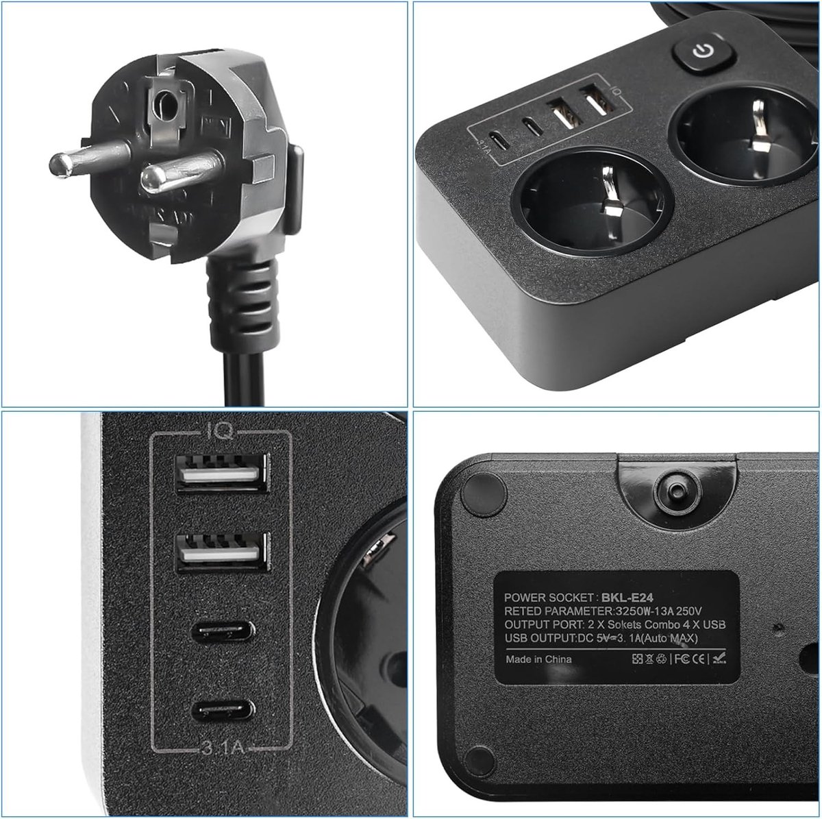 Meervoudige Stekkerdoos met USB-C - Zwart - 11,6 x 8,4 cm - 6-in-1 Stekkerdoos met 2 USB-C en 2 USB-A - Voor Thuis en Kantoor